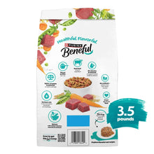 Dry dog food bag back panel with nutrition icons and serving highlights