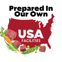 Dog food bag label with “Prepared In Our Own USA Facilities” text over USA map