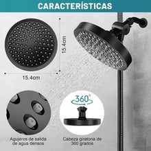 Rainfall shower head with 360° rotating face and black handheld sprayer holder