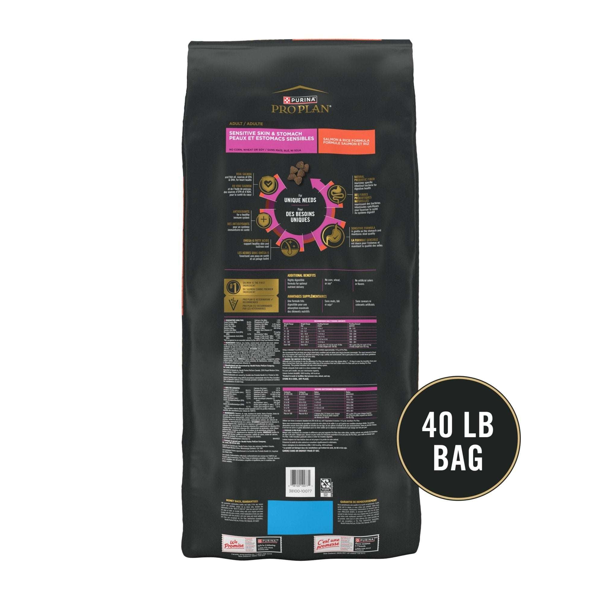 Purina Pro Plan High Protein Dry Dog Food for Adult Dogs Sensitive Skin & Stomach, Salmon & Rice, 40 lb Bag