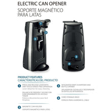 Electric can opener with magnetic holder and integrated knife sharpener, two views