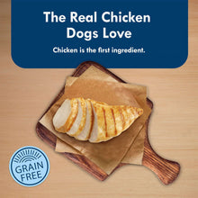 Grain-free roasted chicken ingredient slices shown on Blue Buffalo Delights dog food packaging