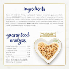 Ingredients and guaranteed analysis label for flaked kitten wet food