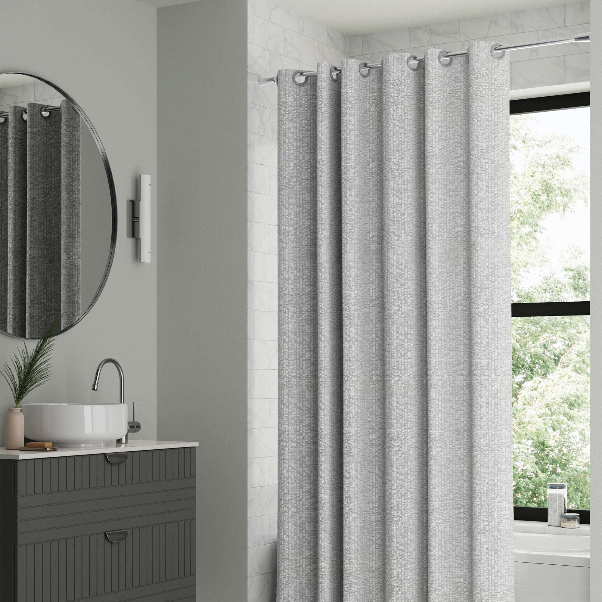 Mainstays Gemma Easy Hang Hookless Fabric Shower Curtain with Built-in Rings, 70" x 74", Black