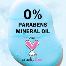 Shampoo bottle front with 0% paraben/mineral oil and cruelty-free bunny badge