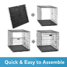 Foldable wire dog crate assembly steps showing panels and tray base