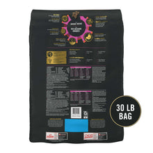 Dog food bag back panel with ingredient details and 30 lb bag seal