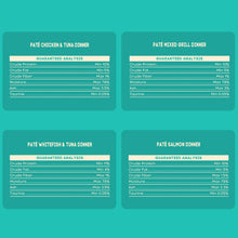 Variety pack nutrition analysis cards for four pate dinner flavors