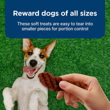 Small dog with hand holding a Grillers treat on grass