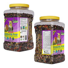 Cockatiel bird food jar pair showing front and back purple labels, yellow caps