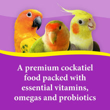 Cockatiels on purple promotional banner, featuring orange, green, and yellow birds