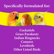Cockatiels and other listed birds on purple and yellow promotional panel