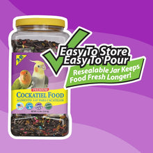 Resealable cockatiel food jar with easy-pour label badge graphic