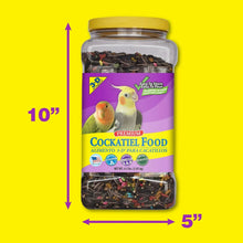 Cockatiel bird food jar with 10-inch height and 5-inch width arrows