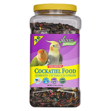 Cockatiel bird food jar with yellow lid and purple label