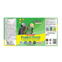 Parrot food container label side with bird graphics and nutrition info panels
