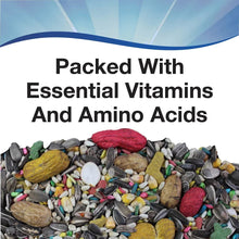 Parrot food seed mix with sunflower seeds, grains, and multicolored pellets