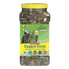 Parrot food jar with yellow lid and green label, filled with mixed seeds and grains