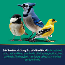 Songbird wild bird food packaging showing three songbirds on perches