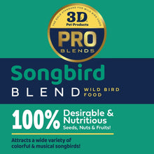 Songbird blend wild bird food label with 3D Pro Products badge and 100% badge
