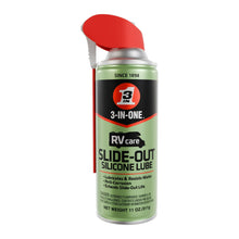 RV slide-out silicone lubricant spray can with red nozzle, green body label