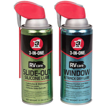 Two RVcare lubricant cans with red caps—slide-out silicone and window & track lube