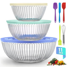 Nested glass mixing bowls set with blue, green, and beige BPA-Free lids