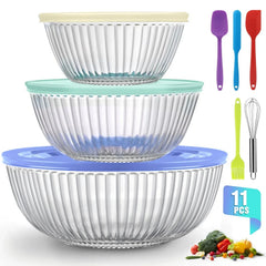 Glass Mixing Bowls Set, AOKIWO 11 Packs 3 Size Glass Nesting Mixing Bowl with BPA-Free Lids & Baking Tools, Kitchen Storage Bowls for Prep, Baking, Serving - USA MEGA SHOP