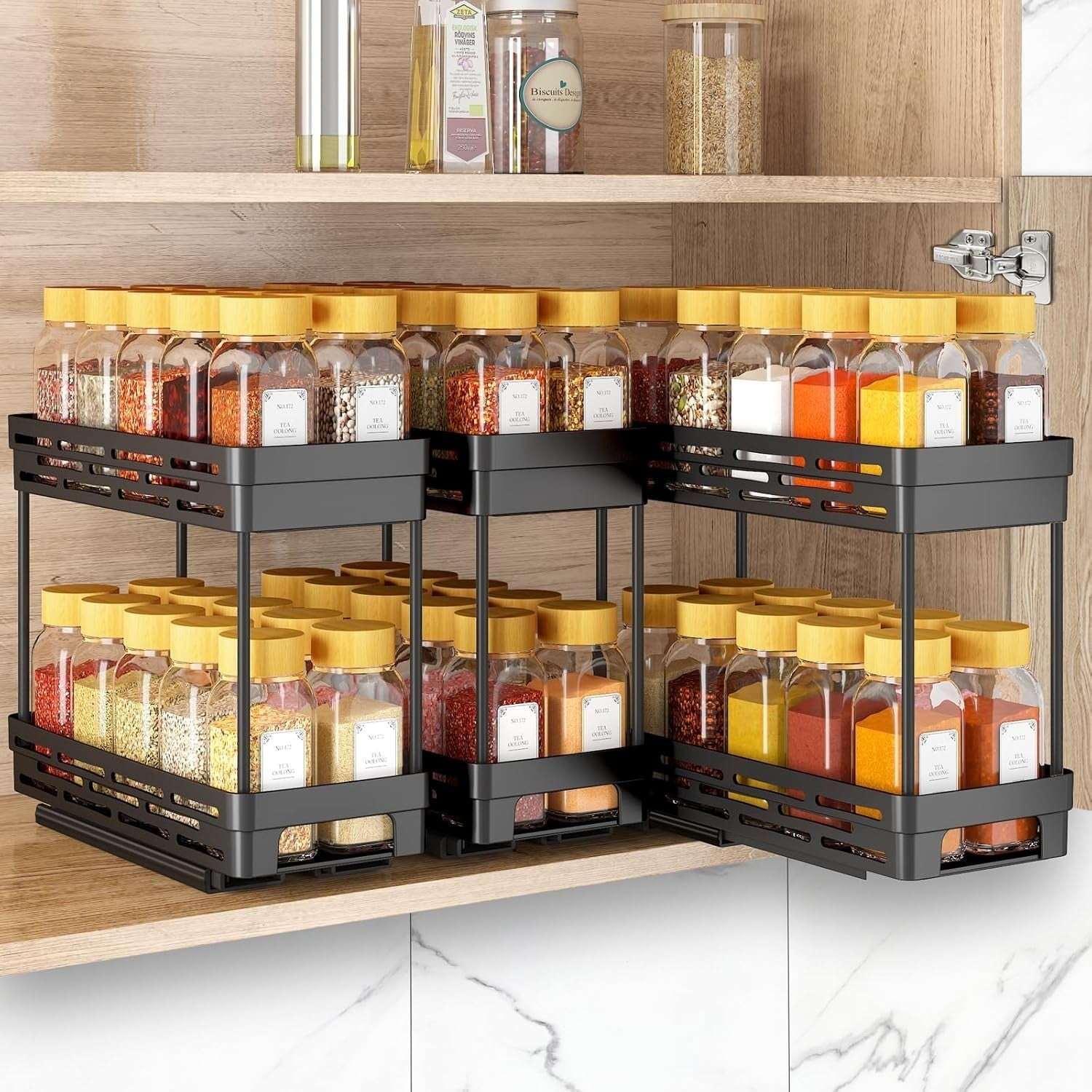 AOKIWO 2 Packs Pull Out Slide-Out Spice Rack Organizer for Cabinets,Multi-Purpose Kitchen Cabinet Organizer, Suitable for Cabinet Size 12"Hx11"Dx5"W, Black