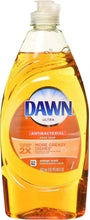 Dawn Ultra antibacterial dish soap bottle, orange scent, clear amber liquid