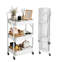 White 3-tier rolling cart with mesh shelves and woven baskets, plus a folded rack panel.