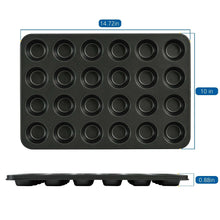 Gray carbon steel mini muffin pan with 24 round cavity wells, side view