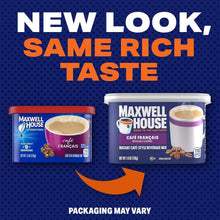 Instant cafe-style beverage mix canister and jar with “New look, same rich taste”