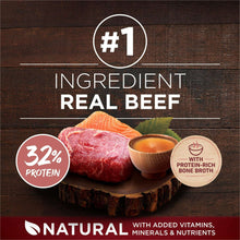 Dry dog food bag graphic featuring real beef with a protein-rich bone broth seal.