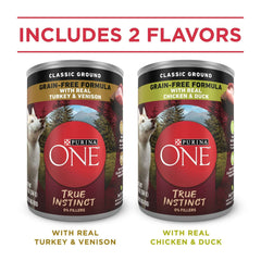 Purina ONE True Instinct Classic Ground Grain-Free Formulas With Real Turkey and Venison, and With Real Chicken and Duck Wet High Protein Dog Food Variety Pack