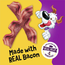 Bacon-flavored dog treat strip graphic with "Made with Real Bacon" badge