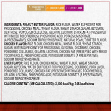 Dog chew ingredients panel listing peanut butter flavor and chicken flavor details