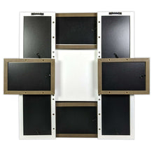 Rustic string art collage photo frame with eight hinged black inserts and gold hardware