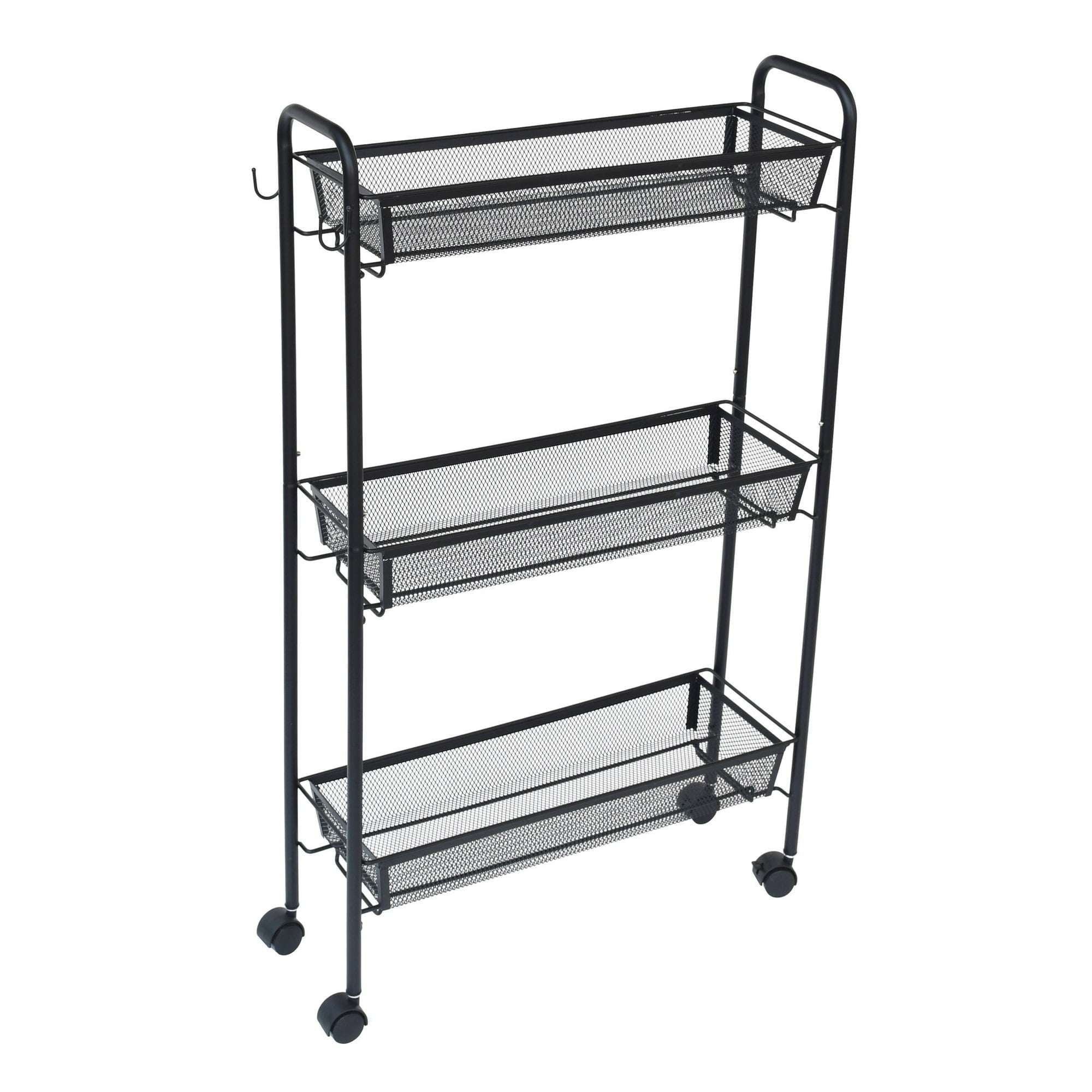 Mainstays Slim 3-Tier Rolling Bathroom Storage Cart with Hooks, Black