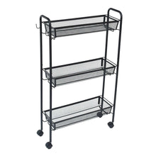 Black 3-tier rolling bathroom storage cart with three mesh shelves and caster wheels