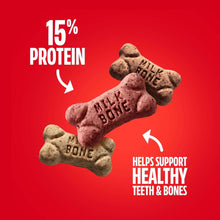 Dog biscuits shaped like bones, mix of brown and reddish flavor varieties