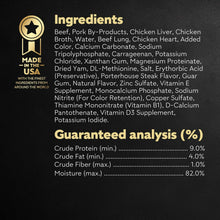 Dog food tray label showing ingredients list and guaranteed analysis chart