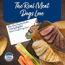 Wet dog food promotional graphic with steak slices, peas, and carrots