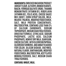 Ingredients list for mac and cheese cups, including enriched macaroni and cheese sauce mix