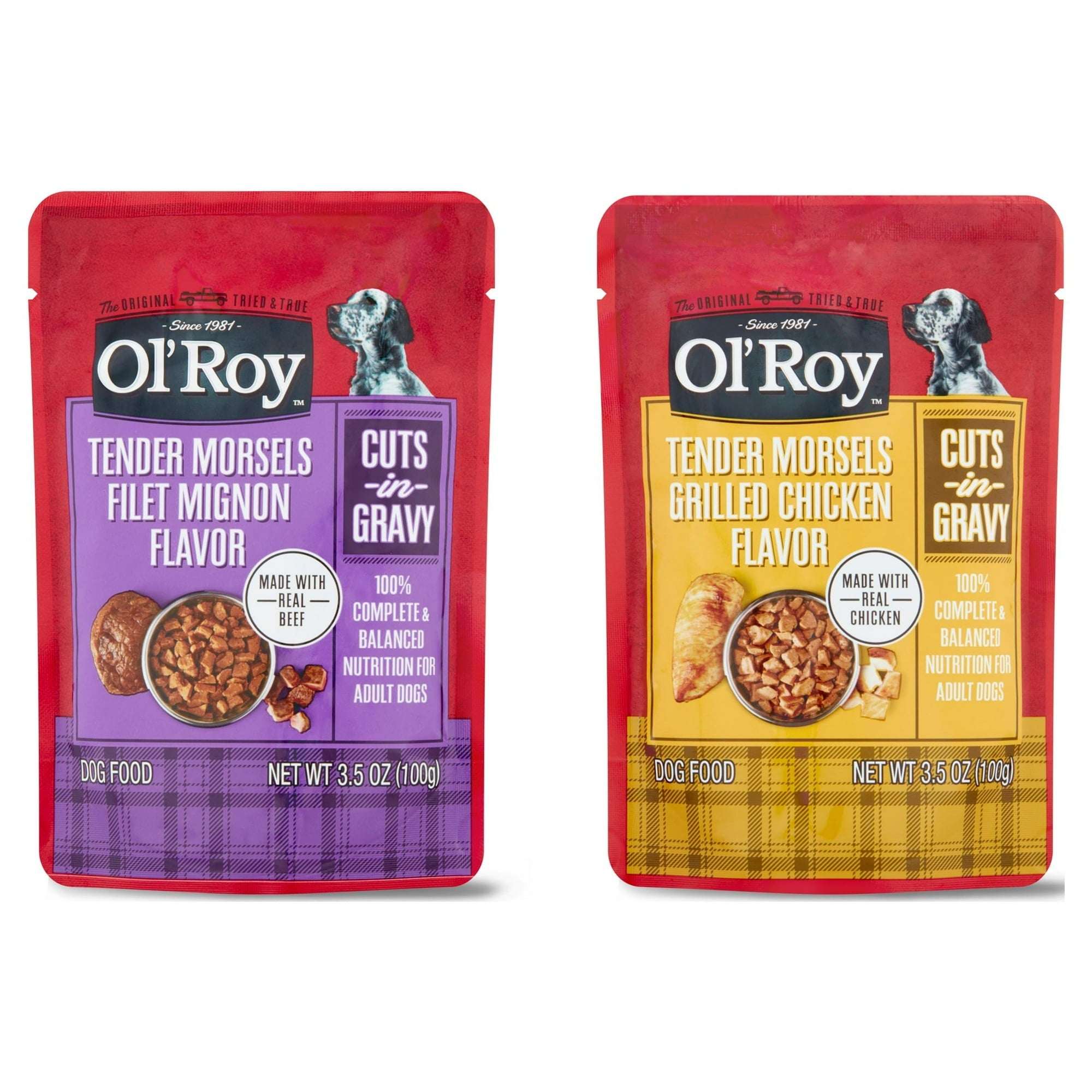Ol' Roy Tender Morsels Filet Mignon and Grilled Chicken Cuts in Gravy Variety Pack, 3.5 oz Pouches (8 Pack)