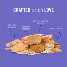 Three Dog Bakery soft-baked cookie graphic with oats and apple flavor