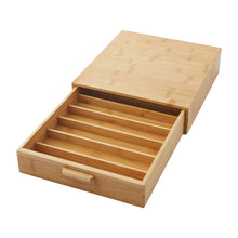 Natural bamboo coffee pod organizer tray with open compartments and pull drawer