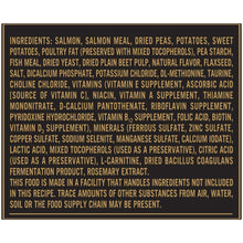 Dog food bag ingredients text box with salmon, dried peas, potatoes, and fish meal