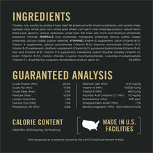 Dog food ingredients and guaranteed analysis panel with calorie content and made in U.S. facilities
