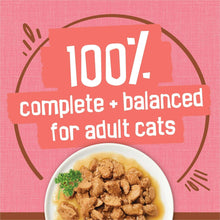 Wet cat food label with 100% complete balanced for adult cats and bowl